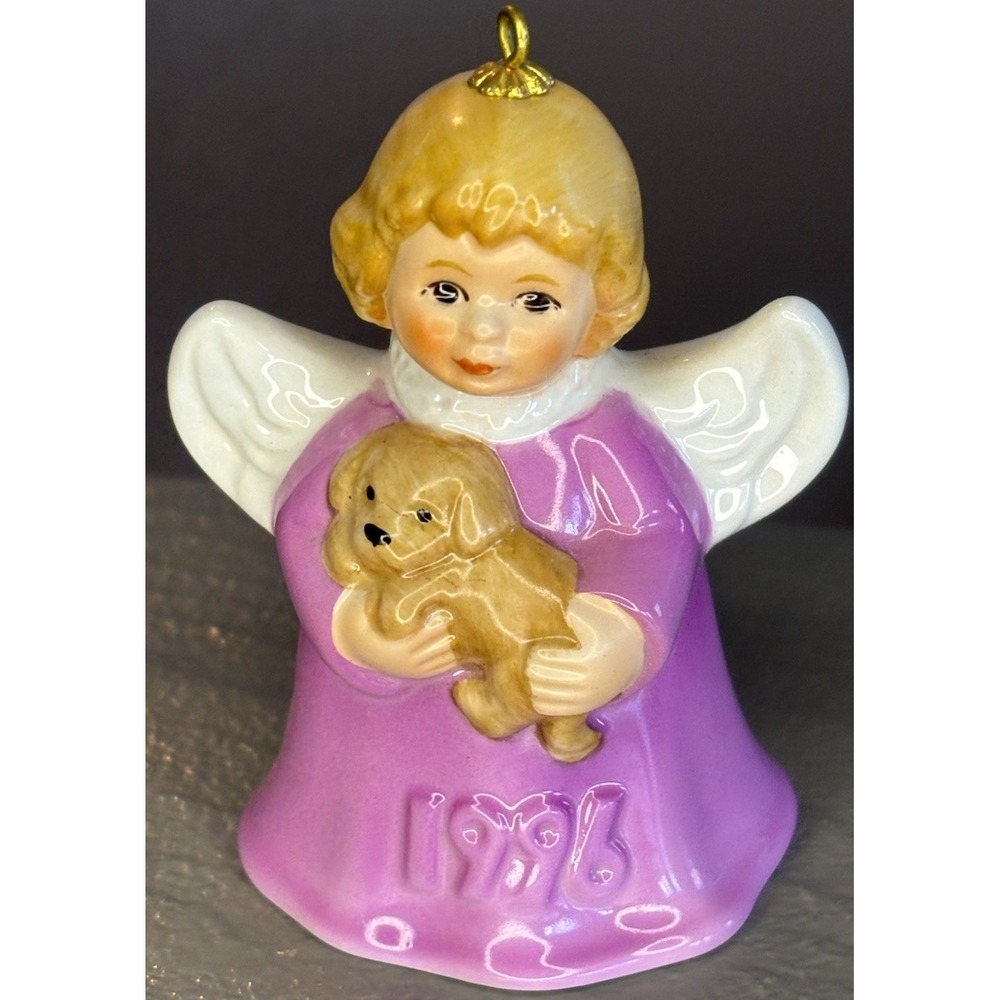 Vintage 1996 Goebel Angel Bell w Puppy Dog Christmas Tree Ornament Purple Dress